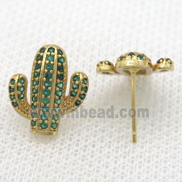 copper studs Earring paved zircon, cactus, gold plated
