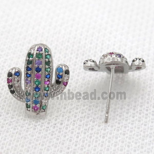 copper studs Earring paved zircon, cactus, platinum plated