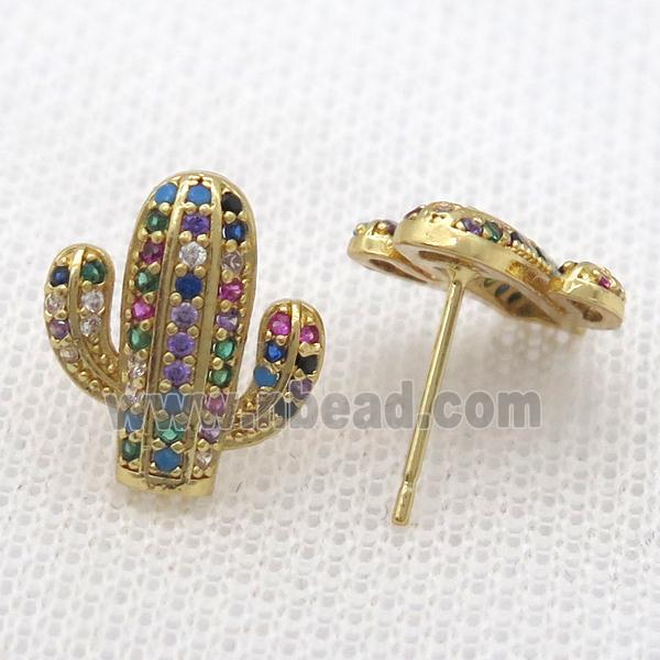 copper studs Earring paved zircon, cactus, gold plated