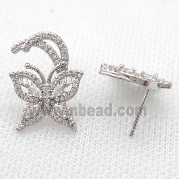 copper studs Earring paved zircon, butterfly, platinum plated