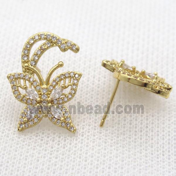 copper studs Earring paved zircon, butterfly, gold plated