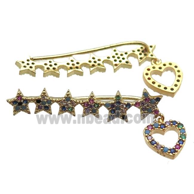copper star brooch paved zircon, gold plated