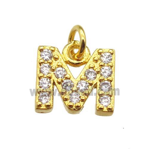 copper letter-M pendant paved zircon, gold plated
