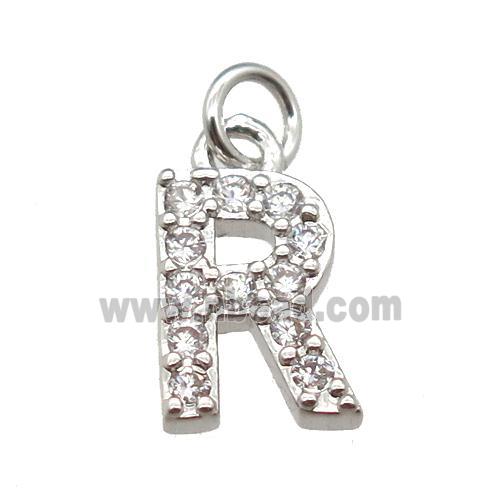 copper letter-R pendant paved zircon, platinum plated