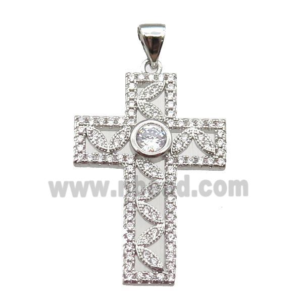 copper cross pendant paved zircon, platinum plated