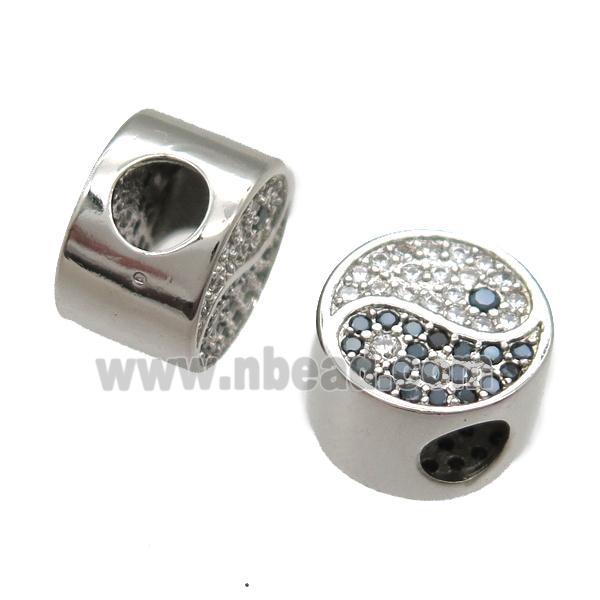 European Style copper taichi beads paved zircon, yinyang, platinum plated