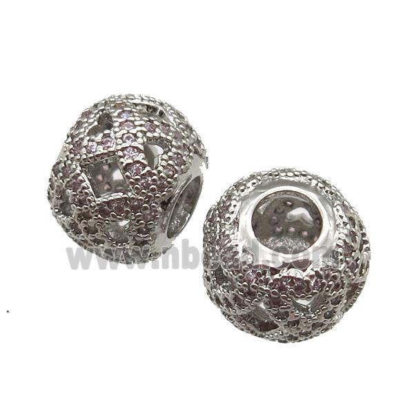 European Style copper round beads paved zircon, platinum plated
