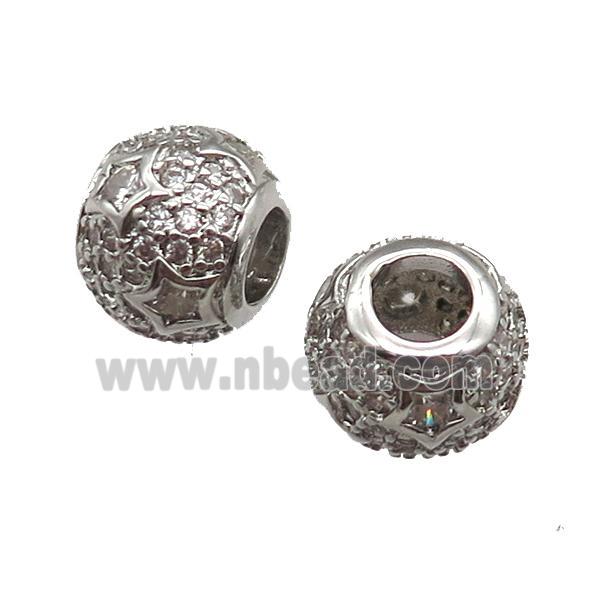 European Style copper round beads paved zircon, platinum plated