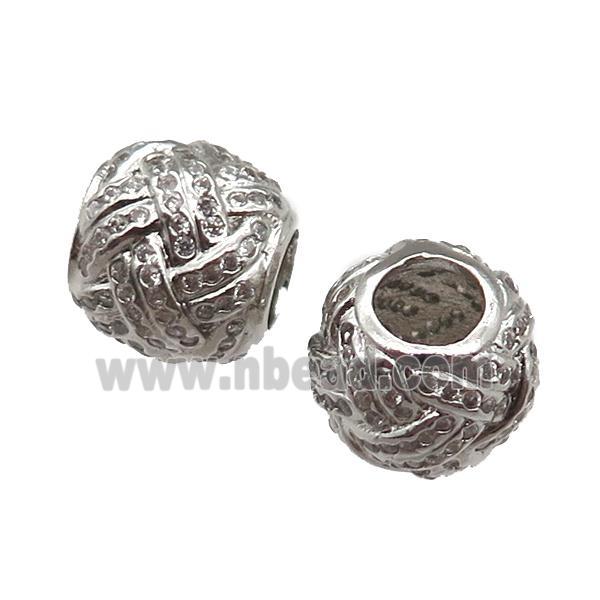European Style copper beads paved zircon, large hole, platinum plated