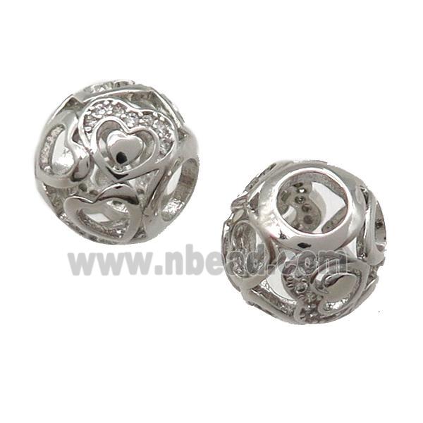 European Style copper round beads paved zircon, hollow, platinum plated