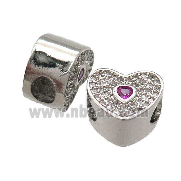 European Style copper heart beads paved zircon, large hole, platinum plated