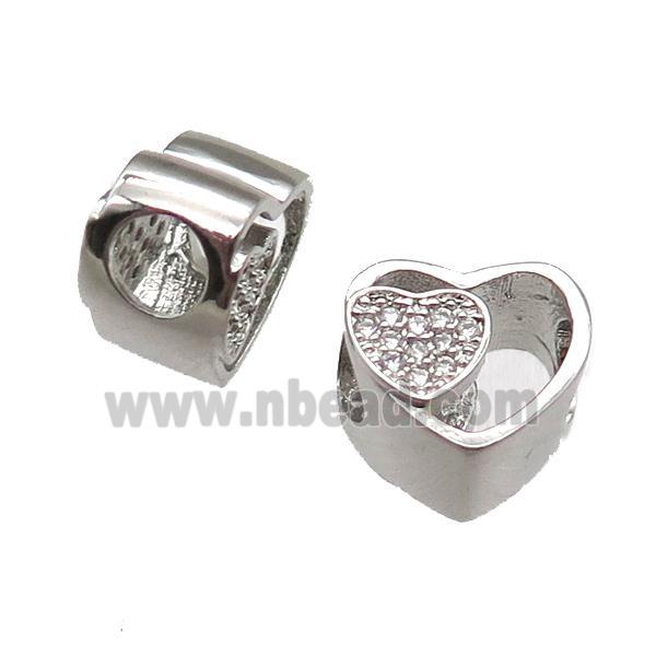 European Style copper heart beads paved zircon, platinum plated