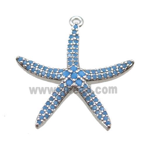 copper starfish pendant paved zircon, turq, platinum plated