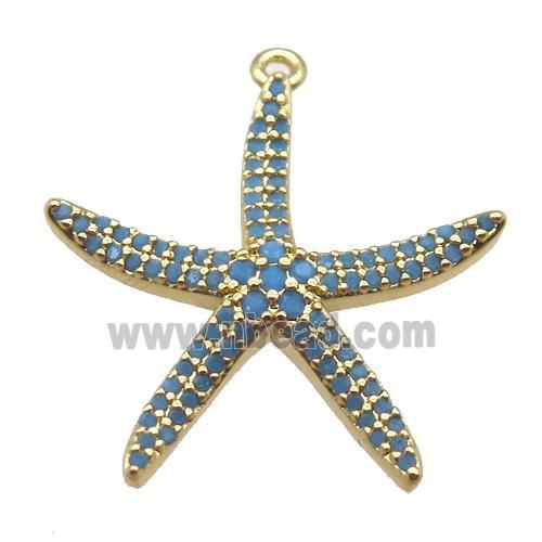 copper starfish pendant paved zircon, turq, gold plated