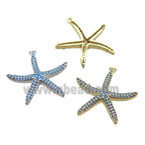 copper starfish pendant paved zircon, turq, mixed color
