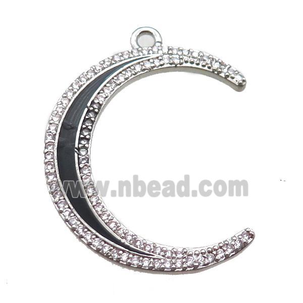 copper crescent moon pendant paved zircon, enameling, platinum plated