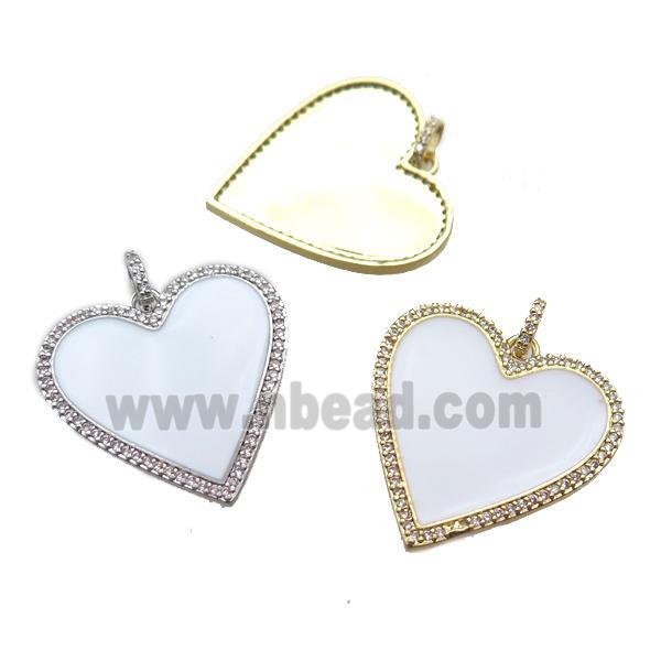 copper heart pendant paved zircon, white enameling, mixed color