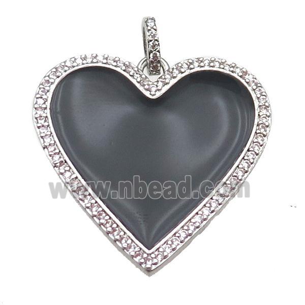 copper heart pendant paved zircon, enameling, platinum plated
