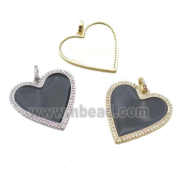 copper heart pendant paved zircon, black enameling, mixed color