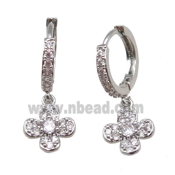 copper hoop Earring paved zircon with clover, platinum plated