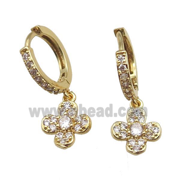 copper hoop Earring paved zircon with clover, gold plated