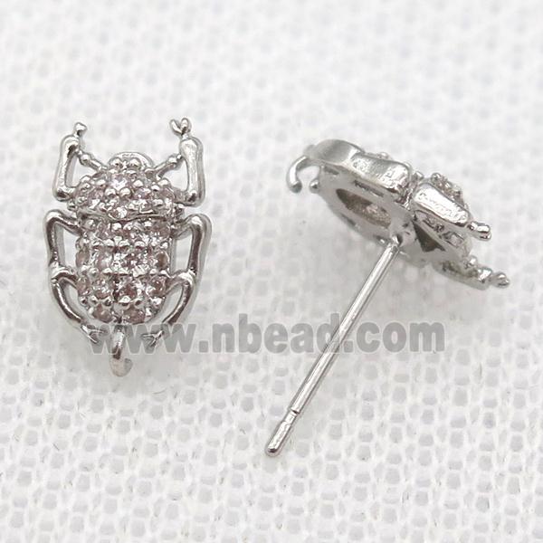copper Studs Earring paved zircon with beetle, platinum plated