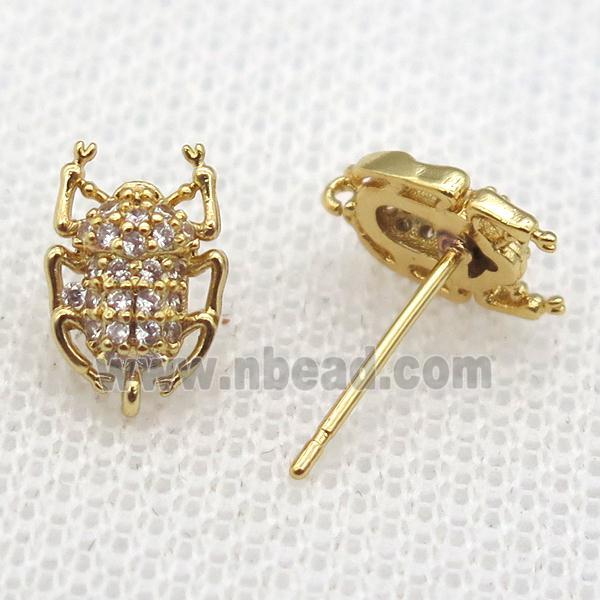 copper Studs Earring paved zircon with beetle, gold plated