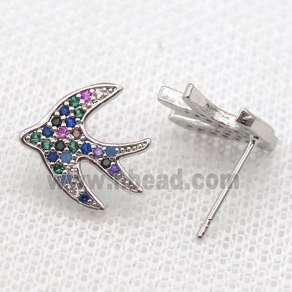 copper Studs Earring paved zircon with swallow, platinum plated