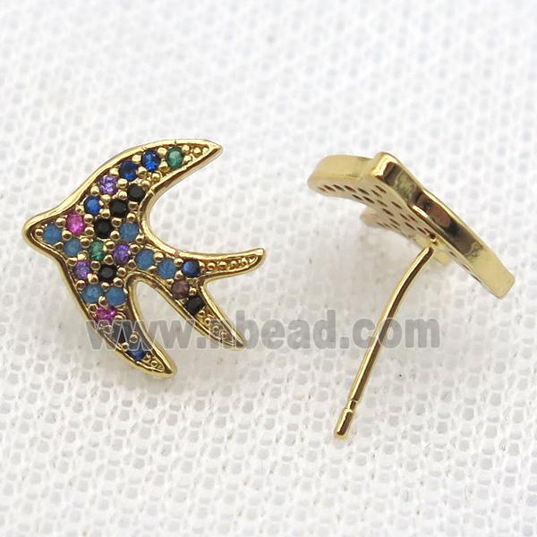 copper Studs Earring paved zircon with swallow, gold plated