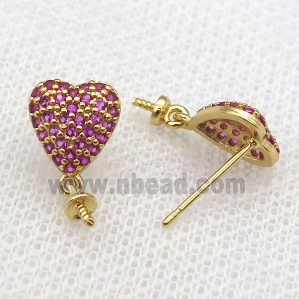 copper Studs Earring paved zircon, heart, gold plated