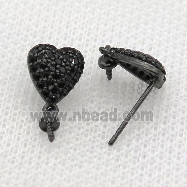 copper Studs Earring paved zircon, heart, black plated