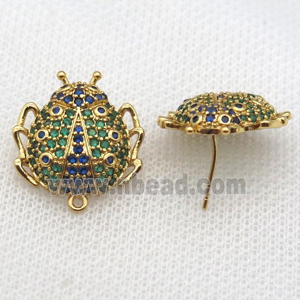 copper Studs Earring paved zircon, beetle, gold plated