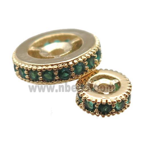 copper spacer beads paved green zircon, heishi, gold plated