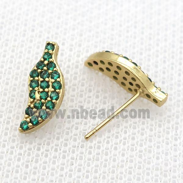 copper studs Earrings paved green zircon, gold plated
