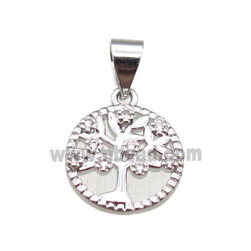 copper pendant paved zircon, tree of life, platinum plated