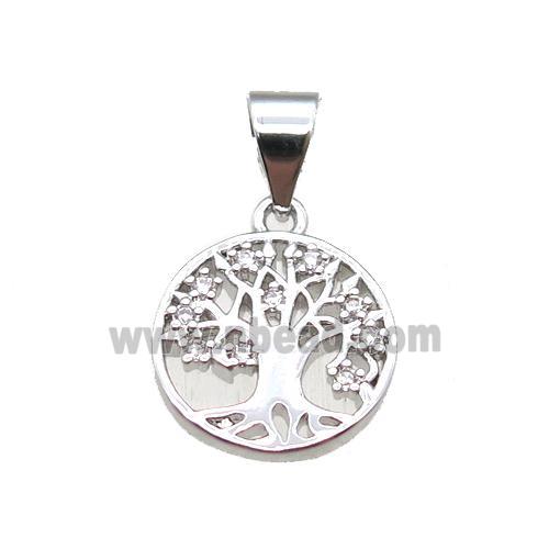 copper pendant paved zircon, tree of life, platinum plated