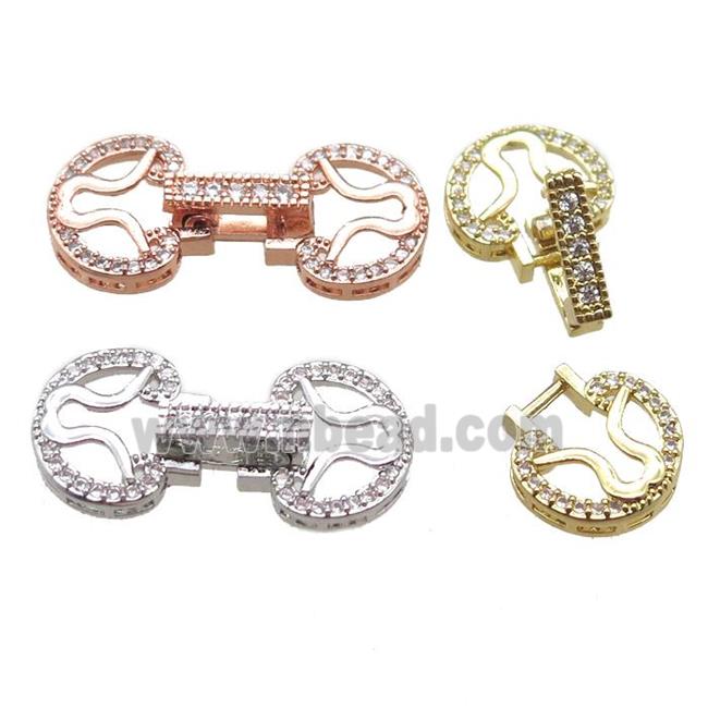 copper connector clasp paved zircon, circle, mixed color