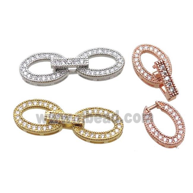 copper connector clasp paved zircon, oval, mixed color