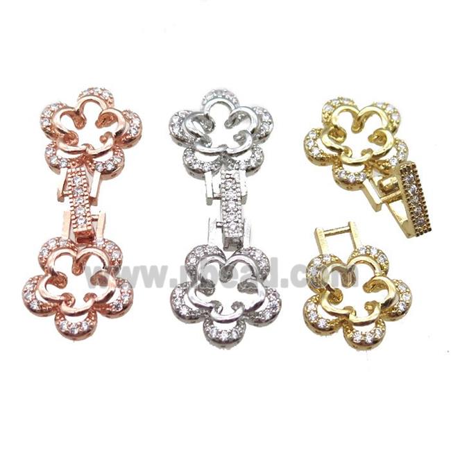 copper connector clasp paved zircon, flower, mixed color