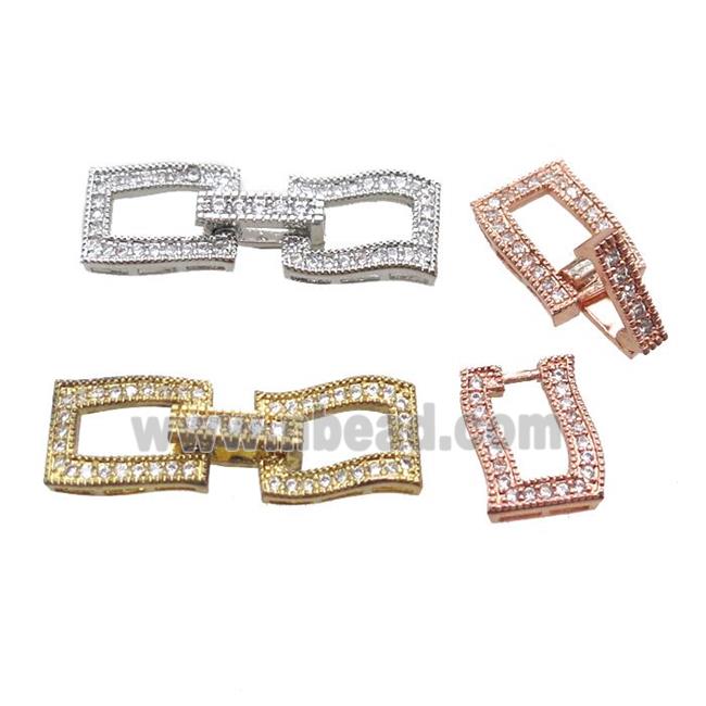 copper connector clasp paved zircon, rectangle, mixed color