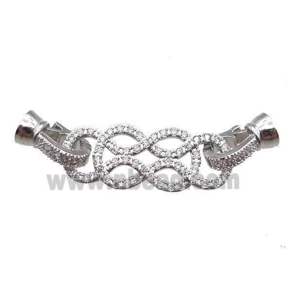 copper connector clasp paved zircon, knot, platinum plated