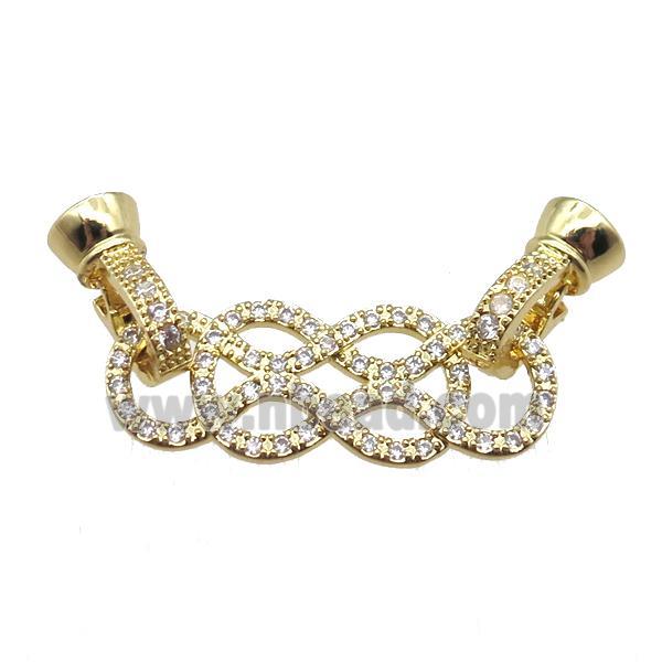 copper connector clasp paved zircon, knot, gold plated