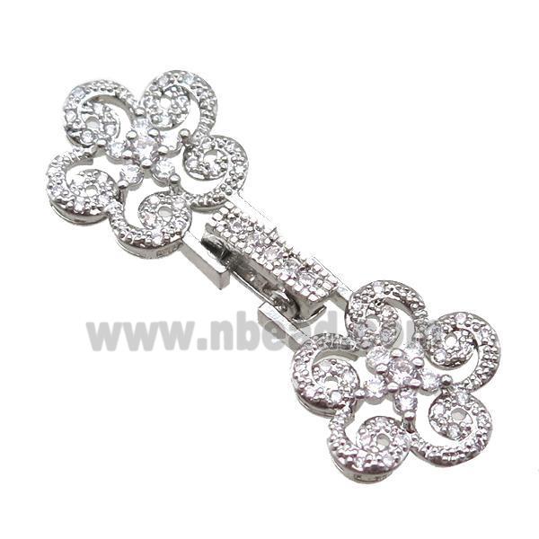 copper connector clasp paved zircon, flower, platinum plated