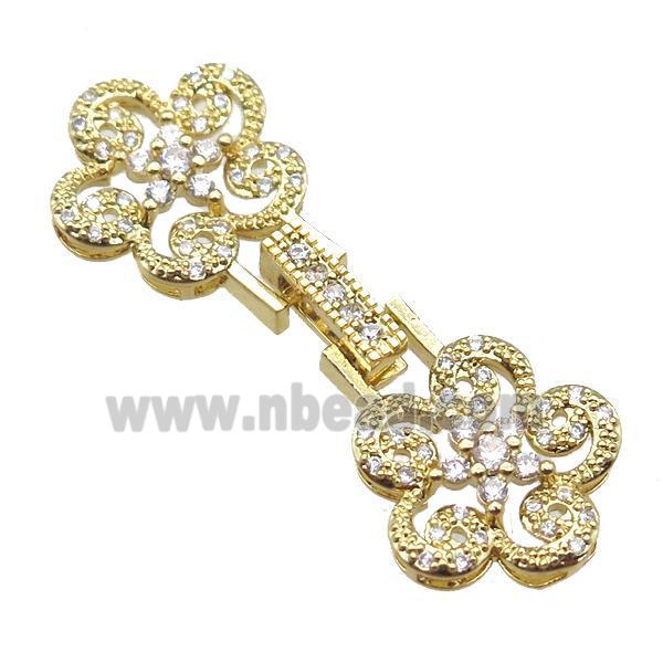 copper connector clasp paved zircon, flower, gold plated