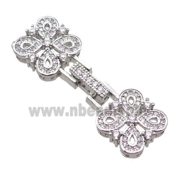 copper connector clasp paved zircon, clover, platinum plated