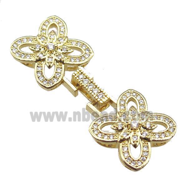 copper connector clasp paved zircon, clover, gold plated