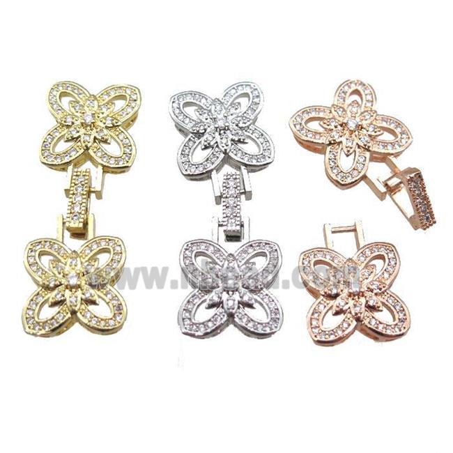 copper connector clasp paved zircon, clover, mixed color