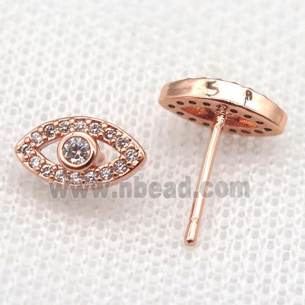 copper Stud Earrings paved zircon, eye, rose gold