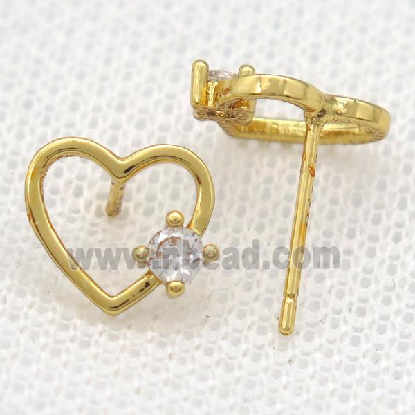 copper Stud Earrings paved zircon, heart, gold plated