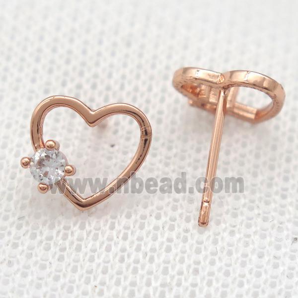 copper Stud Earrings paved zircon, heart, rose gold
